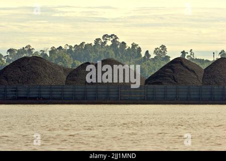 Chiatta di carbone sul fiume Segah in Tanjung Redeb, Berau, Kalimantan orientale, Indonesia. Foto Stock