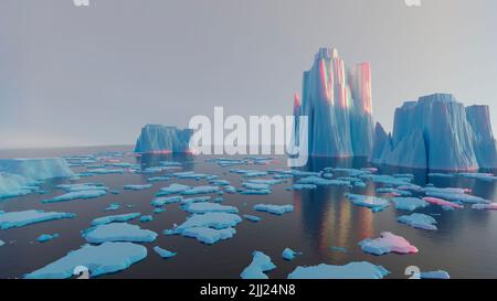 ghiaccio artico. bellissimo paesaggio con ghiaccio enormi blocchi in acqua riflessione. drammatico paesaggio polare ghiaccio Foto Stock