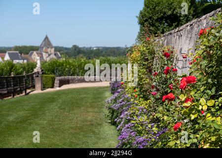 Tetti della chiesa romanica di Saint Etienne Eglise nella città di Villandy, preso dal giardino a Chateau de Villandry nella Valle della Loira. Foto Stock