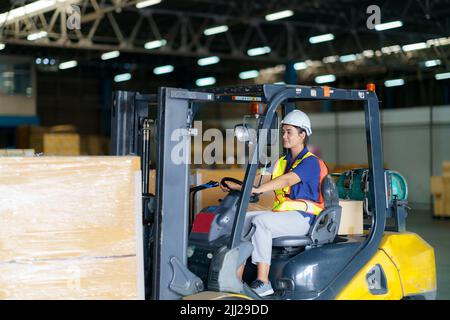 Asian bella donna conducente guida carrello elevatore auto in industria con sorriso, abilità della ragazza e diversità di carriera indossare casco in maglia riflettente Foto Stock