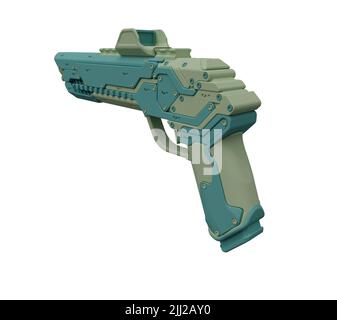 3D illustrazione di arma futuristica fantascientifica, pistola laser hi tech fantascientifica con silhouette. Foto Stock