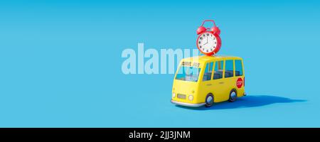 Scuola bus con sveglia su sfondo blu. Concetto di ritorno a scuola 3D rappresentazione 3D Illustrazione Foto Stock