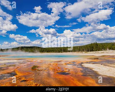 Vista soleggiata del paesaggio della Rainbow Pool del Black Sand Basin nel Wyoming Foto Stock