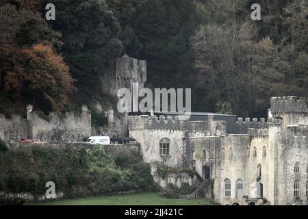 I preparativi sono in corso come personale di produzione pronto il set per ITV '2021 i'm A Celebrity...Get Me out of Here' a Gwrych Castle in Abergele, Galles caratterizzato: Atmosfera dove: Abergele, Regno Unito quando: 15 Nov 2021 Credit: WENN Foto Stock