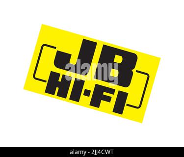 JB Hi Fi, logo ruotato, sfondo bianco B. Foto Stock