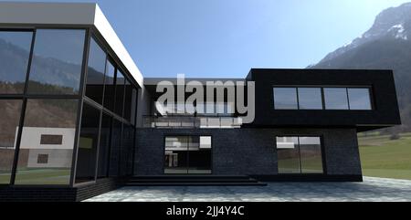 Uscita al cortile di una moderna casa avanzata. Belle pietre di pavimentazione grigie. La decorazione delle pareti e' in ardesia grigia e mattoni neri. Foto Stock