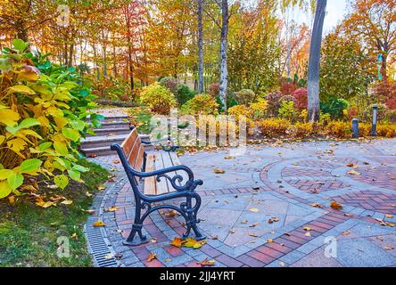 La panchina vintage in legno tra la piazza panoramica nel parco autunnale, Mezhyhirya, Ucraina Foto Stock