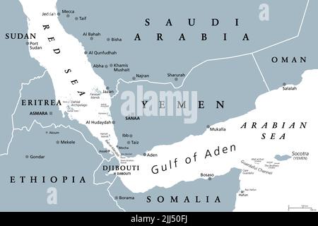 Area del Golfo di Aden, mappa politica grigia. Golfo tra Yemen, Gibuti, canale di Guardafui, Socotra e Somalia, che collega il Mar Arabico con il Mar Rosso. Foto Stock