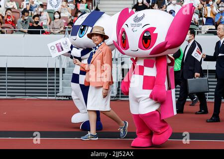 Tokyo, Giappone. 23rd luglio 2022. Il governatore di Tokyo Yuriko Koike partecipa alla cerimonia di un anno dei Giochi di Tokyo 2020 allo Stadio Nazionale del Giappone. Foto Stock