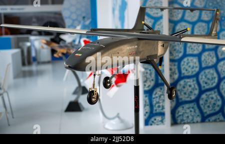 30 agosto 2019, regione di Mosca, Russia. Modello del veicolo aereo senza equipaggio tattico iraniano MOHAJER-6. Foto Stock