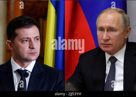Kiev, Ucraina 24, giugno 2022 Volodymyr Zelenskyy e Putin hanno tenuto un incontro a Kiev con i leader di Germania, Francia, Romania e Italia Foto Stock
