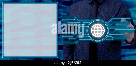Uomo d'affari che tiene Una penna sulle linee luminose con Un simbolo di globo. Man Standing presenta informazioni cruciali e presenta una presentazione globale Foto Stock