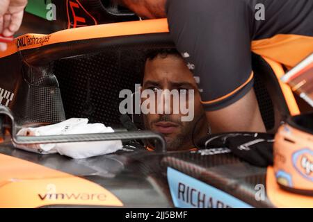 Le Castellet, Francia. 23rd luglio 2022. Motorsport: Formula 1 World Championship, prima del Gran Premio di Francia, 3rd Practice: Daniel Ricciardo dall'Australia del Team McLaren è seduto in vettura. Il Gran Premio di Francia si svolgerà il 24.07.2022. Credit: Hasan Bratic/dpa/Alamy Live News Foto Stock