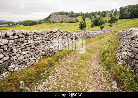 Corsia con pareti in pietra a secco che conduce in direzione dell'ex cava di calcare a Langcliffe, North Yorkshire. Scenario calcareo Yorkshire Dales. Foto Stock