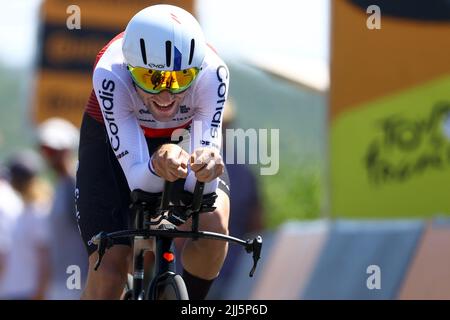 Francia. 23rd luglio 2022. THOMAS Benjamin ha ritratto in azione durante la tappa 20 della gara ciclistica del Tour de France, un cronometro individuale del 40,7km da Lacapelle-Marival a Rocamadour, Francia, sabato 23 luglio 2022. Il Tour de France di quest'anno si svolge dal 01 al 24 luglio 2022. BELGA PHOTO DAVID PINTENS - UK OUT Credit: Belga News Agency/Alamy Live News Foto Stock