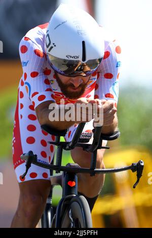 Francia. 23rd luglio 2022. Il tedesco Simon Geschke di Cofidis è stato raffigurato in azione durante la tappa 20 della gara ciclistica Tour de France, un crono individuale del 40,7km da Lacapelle-Marival a Rocamadour, Francia, sabato 23 luglio 2022. Il Tour de France di quest'anno si svolge dal 01 al 24 luglio 2022. BELGA PHOTO DAVID PINTENS - UK OUT Credit: Belga News Agency/Alamy Live News Foto Stock