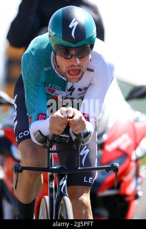 Francia. 23rd luglio 2022. Il tedesco Maximilian Max Schachmann di Bora-Hansgrohe ha ritratto in azione durante la tappa 20 della gara ciclistica Tour de France, un crono individuale del 40,7km da Lacapelle-Marival a Rocamadour, Francia, sabato 23 luglio 2022. Il Tour de France di quest'anno si svolge dal 01 al 24 luglio 2022. BELGA PHOTO DAVID PINTENS - UK OUT Credit: Belga News Agency/Alamy Live News Foto Stock