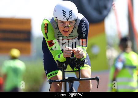 Francia. 23rd luglio 2022. Il tedesco Georg Zimmermann di Intermarche Wanty-Gobert Materiaux ha ritratto in azione durante la tappa 20 della gara ciclistica Tour de France, un crono individuale del 40,7km da Lacapelle-Marival a Rocamadour, Francia, sabato 23 luglio 2022. Il Tour de France di quest'anno si svolge dal 01 al 24 luglio 2022. BELGA PHOTO DAVID PINTENS - UK OUT Credit: Belga News Agency/Alamy Live News Foto Stock