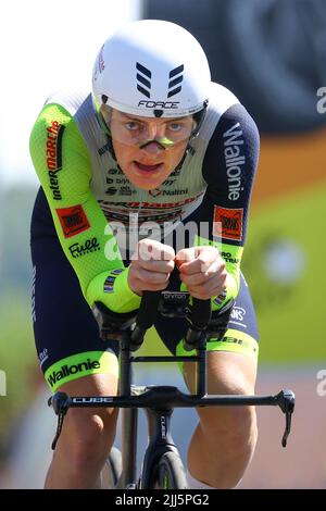 Francia. 23rd luglio 2022. Il tedesco Georg Zimmermann di Intermarche Wanty-Gobert Materiaux ha ritratto in azione durante la tappa 20 della gara ciclistica Tour de France, un crono individuale del 40,7km da Lacapelle-Marival a Rocamadour, Francia, sabato 23 luglio 2022. Il Tour de France di quest'anno si svolge dal 01 al 24 luglio 2022. BELGA PHOTO DAVID PINTENS - UK OUT Credit: Belga News Agency/Alamy Live News Foto Stock