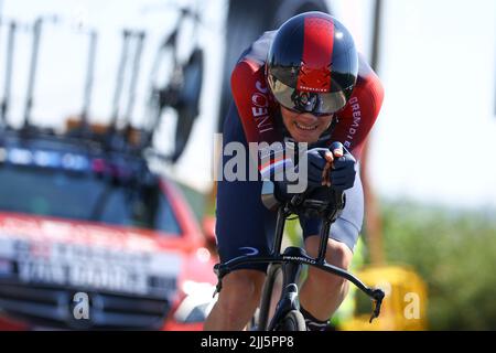 Francia. 23rd luglio 2022. Dylan van Baarle olandese di Ineos Grenadiers ritratto in azione durante la tappa 20 della gara ciclistica Tour de France, un crono individuale del 40,7km da Lacapelle-Marival a Rocamadour, Francia, sabato 23 luglio 2022. Il Tour de France di quest'anno si svolge dal 01 al 24 luglio 2022. BELGA PHOTO DAVID PINTENS - UK OUT Credit: Belga News Agency/Alamy Live News Foto Stock