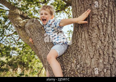 Felice ragazzo carino seduto sull'albero Foto Stock