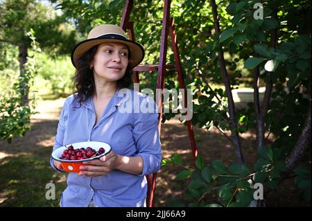 Bella donna contadina godendo di una giornata estiva, tenendo ciotola con ciliegie, appena selezionato da albero in ciliegia frutteto. Foto Stock