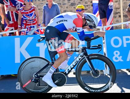 dutch Time Trial Champion, Bauke MOLLEMA, Trek - Segafredo in azione durante la tappa 20 del Tour De France, Lacapelle-Marival a Rocamadour, sabato 23rd luglio 2022 Credit: Pete Goding/Godingimages/Alamay Live News Foto Stock