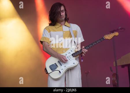 Il chitarrista Gabriel Stebbing per Metronomy sul palco Lovell. Bluedot festival Cheshire di fronte al famoso telescopio Lovell. Che si svolge tra il 21 e il 24 luglio presso il sito patrimonio mondiale dell'UNESCO, Jodrell Bank, Cheshire Regno Unito, Bluedot è un festival di tre giorni di scoperta che è un mix di artisti, relatori, scienziati e artisti in un evento diverso da qualsiasi sulla terra. L'evento di quest'anno è stato affiancato da Groove Armada (venerdì), Metronomy (sabato), Mogwai (sabato) con Björk che ha in testa la domenica sera con un'esibizione iconica con l'Orchestra Hallé. Anche l'impressionante fattura Foto Stock