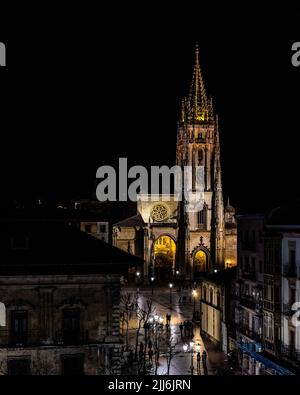 Un colpo verticale della Cattedrale Metropolitana di San Salvador di Oviedo alla luce della sera. Spagna Foto Stock