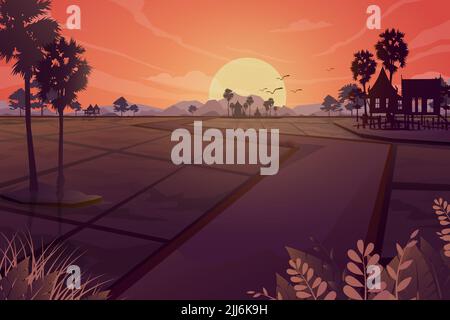 Natura scena di terra rurale agricoltura prateria, astratto silhouette di agricoltori asiatici che lavorano al campo di riso, illustrazione vettoriale. Foto Stock