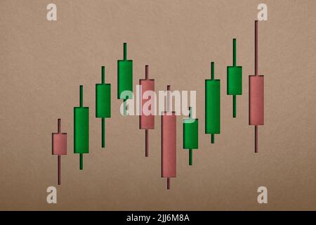 Grafico finanziario, grafico di crescita del mercato azionario o analisi di negoziazione del mercato degli investimenti aziendali grafico 3D. Rapporto finanziario di economia, su grafico del candelabro. Foto Stock