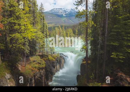 Vista panoramica epica della cascata Sunwapta Falls e del ghiacciaio Athabasca al Jasper National Park nelle Montagne Rocciose di Alberta, Canada. Foto Stock