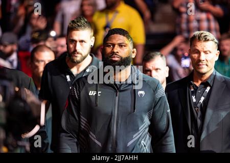 LONDRA, REGNO UNITO. 23th Lug 2022. Curtis Blaydes(#4) vs Tom Aspinall(#6) – UFC Heavyweight durante Under Main Card UFC presenta Blaydes vs Aspinall - UFC Heavyweight alla O2 Arena sabato 23 luglio 2022 a LONDRA REGNO UNITO. Credit: Taka G Wu/Alamy Live News solo per uso editoriale, licenza richiesta per uso commerciale. Nessun utilizzo nelle scommesse, nei giochi o nelle pubblicazioni di un singolo club/campionato/giocatore. Foto Stock