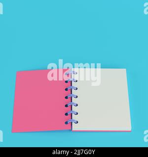 Blocco note rosa su sfondo blu brillante in colori pastello. Concetto di minimalismo. 3d rendering Foto Stock