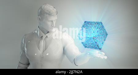 Uomo che guarda alla soluzione digitale come concetto di soluzioni tecnologiche Foto Stock