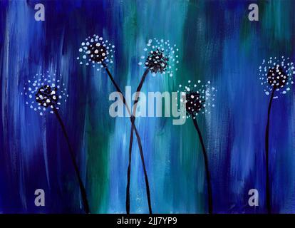 Dandelioni astratti su sfondo blu Gouache dipinto spazzolato Foto Stock