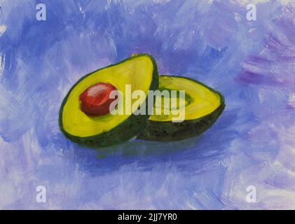 Illustrazione gouache di avocado verde brillante e succosa su sfondo viola astratto. Foto Stock