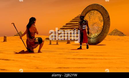 Un'antica donna egiziana che guarda un guerriero alieno dallo spazio - 3D rendering Foto Stock