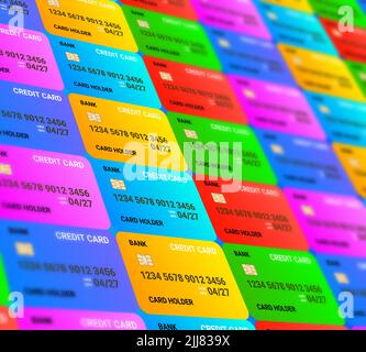 3D vista della carta di credito con blu. Concetto per banche, shopping, prestiti e finanziari. Foto Stock