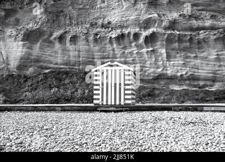 Una singola capanna da spiaggia solita sul singolo di una spiaggia di Devon Foto Stock