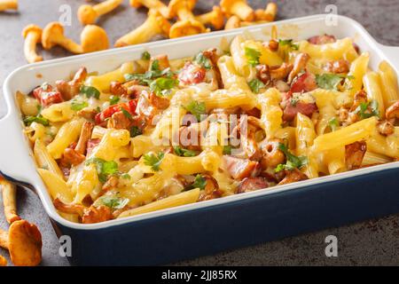 Macaroni con formaggio, pancetta e funghi in una teglia in ceramica sul tavolo. Orizzontale Foto Stock