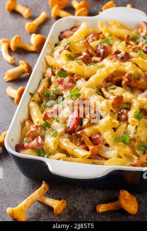 Penne casseruola di pasta con funghi di chanterelle, carne e formaggio primo piano in una teglia da forno sul tavolo. Verticale Foto Stock