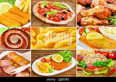 Grassi trans con pizza, ali di pollo, pesce, salsicce, hamburger e cotoletta impanata Foto Stock