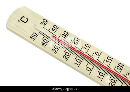 Termometro in legno a 40 gradi Celsius isolato su sfondo bianco Foto Stock