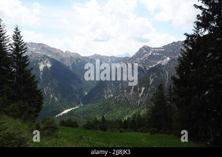 Vista panoramica sulle foreste di abeti sullo sfondo della catena montuosa del Karwendel, Austria Foto Stock