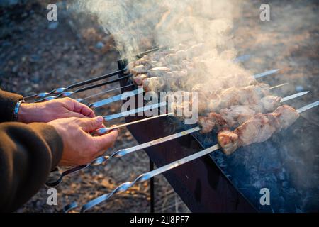 Primo piano di grigliare gustosi piatti al barbecue. Processo di cottura dello shashlik yummy in natura. Cibo delizioso su spiedino di metallo nel barbecue. Tempo di picnic Foto Stock