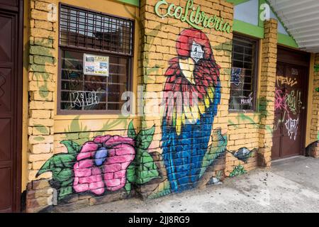 Opere d'arte sulla parte anteriore di un vecchio edificio in mattoni a San Pedro, Costa Rica. Foto Stock