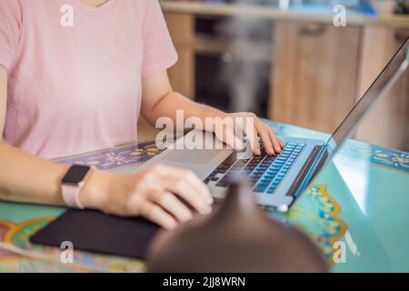 Diffusore di olio essenziale sul tavolo che fuma mentre la donna usa un computer portatile Foto Stock