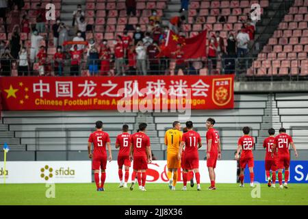 Toyota City, Giappone. 24th luglio 2022. I giocatori della Cina reagiscono dopo una partita maschile del campionato di calcio EAFF (East Asian Football Federation) 2022 e-1 tra Cina e Giappone al Toyota Stadium di Toyota City nella prefettura di Aichi, Giappone, 24 luglio 2022. Credit: Zhang Xiaoyu/Xinhua/Alamy Live News Foto Stock