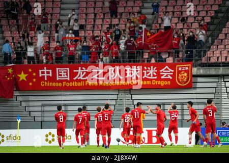 Toyota City, Giappone. 24th luglio 2022. I giocatori della Cina reagiscono dopo una partita maschile del campionato di calcio EAFF (East Asian Football Federation) 2022 e-1 tra Cina e Giappone al Toyota Stadium di Toyota City nella prefettura di Aichi, Giappone, 24 luglio 2022. Credit: Zhang Xiaoyu/Xinhua/Alamy Live News Foto Stock